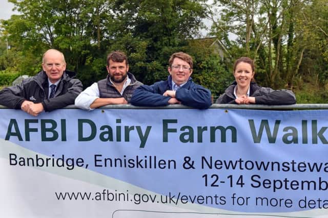 Dr Sinclair Mayne (AFBI), Ian McClelland (host farmer), Dr Debbie McConnell (AFBI and event coordinator) and Jason Rankin (AgriSearch) at the Banbridge Dairy Innovation in Practice Roadshow.