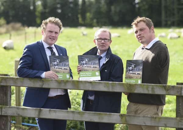 Pictured at the launch of The Farm Safety Partnership Action Plan 2017-2020 are (left-right) James Speers, president of the Young FarmersÂ’ Clubs of Ulster, Keith Morrison, chairman of the Farm Safety Partnership and farmer, James Chapman. Pictures: Michael Cooper