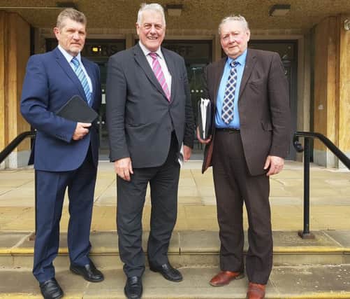 Alderman Derek Hussey, Jim Nicholson MEP and Cllr Bert Wilson pictured at DAERA HQ, Dundonald House, Belfast
