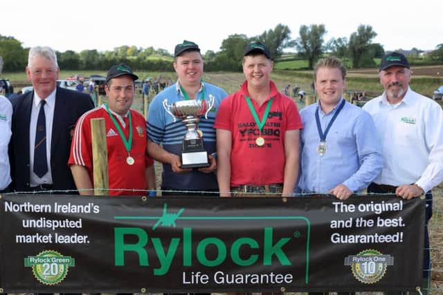 Left to right: Peter Hanson, Betafence, Wilson Holden, NI Ploughing Association chairman, winners of the advanced YFCU fencing competition: Andrew Garrett, Christopher Hamilton and Callum Nelson from Ballywalter YFC, YFCU president James Speers and Colin Boyd, Ward and Boyd