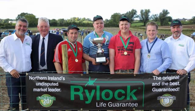 Left to right: Peter Hanson, Betafence, Wilson Holden, NI Ploughing Association chairman, winners of the advanced YFCU fencing competition: Andrew Garrett, Christopher Hamilton and Callum Nelson from Ballywalter YFC, YFCU president James Speers and Colin Boyd, Ward and Boyd