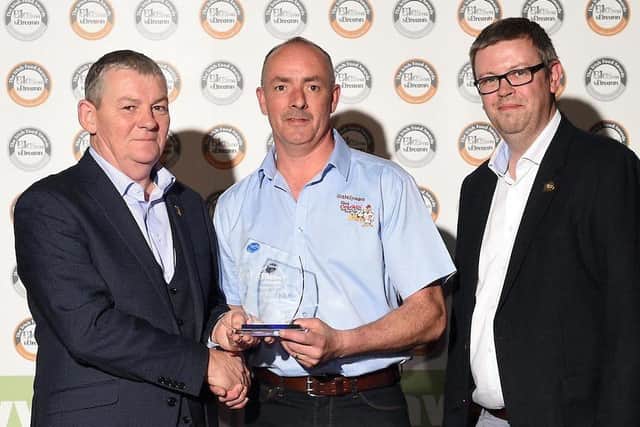 Artie Clifford, Blas na Eireann Chairman and Donagh Murphy from Protech with Niall Delargy from Glenballyeamon Eggs, winner of a Silver award for their free-range eggs.