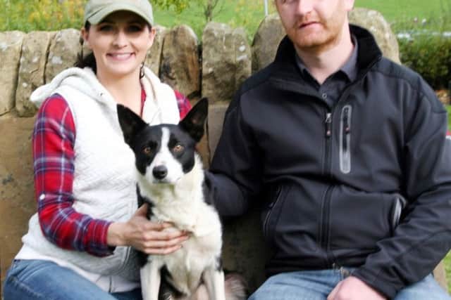 Michael Gallagher and his fiancÃ©e Tierney Graham with the 9,500gns top price Skipton dog, Flo.