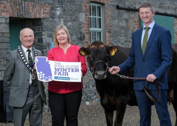 RUAS President Cyril Millar & Rhonda Geary, RUAS along with Robert McCullough from Danske Bank at the launch of the 32nd Royal Ulster Winter Fair.