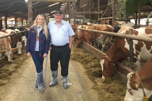 Greenmount College graduate Lauren Kelly from Banbridge is pictured with Bayern Genetik's UK and Ireland agent David Hazelton, on a recent visit to Fleckvieh herds in northern Germany and Denmark.
